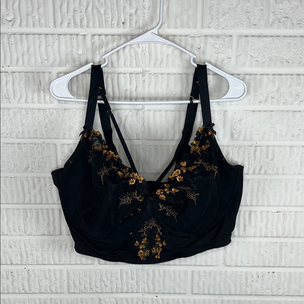 Cacique Black and Gold Floral Embroidered Balconette Size 46DDD